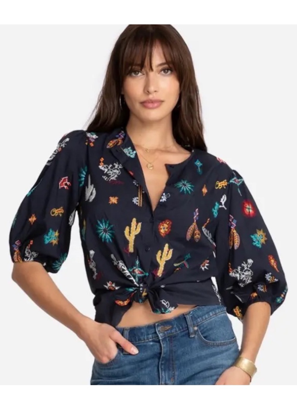 Johnny Was Louanne Blue Embroidered Button Down Shirt Size Medium EUC - Picture 9 of 11